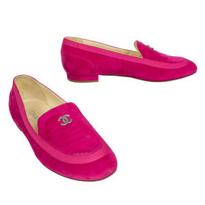 CHANEL Pink Suede Leather Slip On Flat Loafer CC Logo G32802 Women's FR 38.5